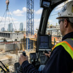 Crane operator in safety gear operating a crane on a construction site in Boston, overseeing lifting operations with modern equipment and urban skyline in the background.