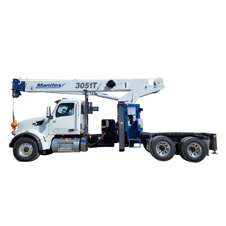 Manitex 3051T crane truck positioned for lifting heavy equipment, ideal for construction and utility projects, showcasing reliable crane rental services by MacDonald Crane.