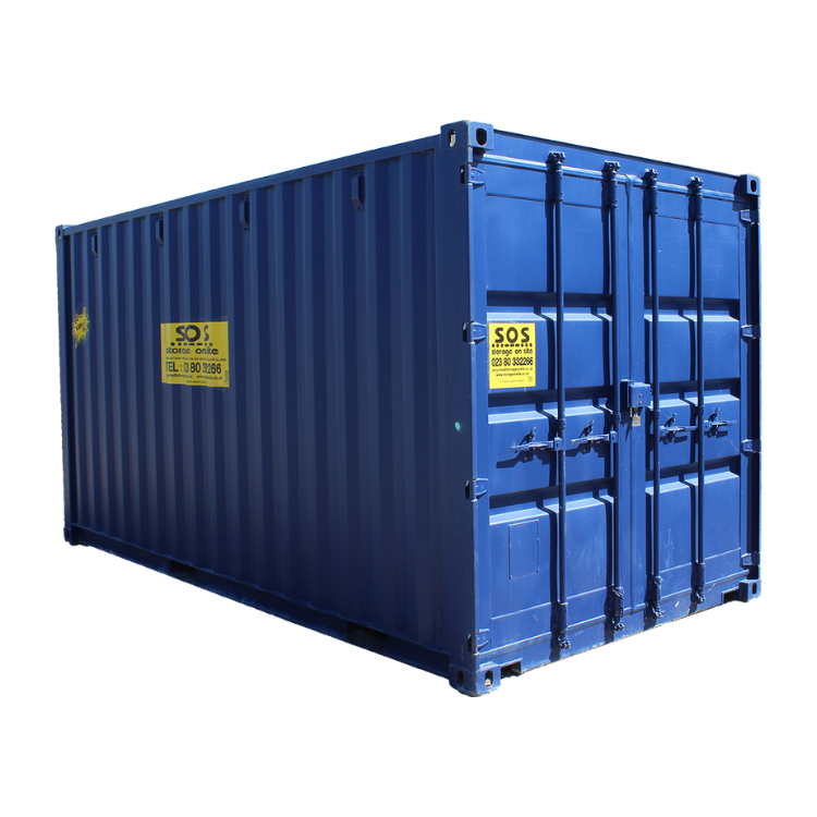 Blue shipping container with visible branding, essential for logistics and storage, highlighting MacDonald Crane's crane rental services for efficient lifting and moving.