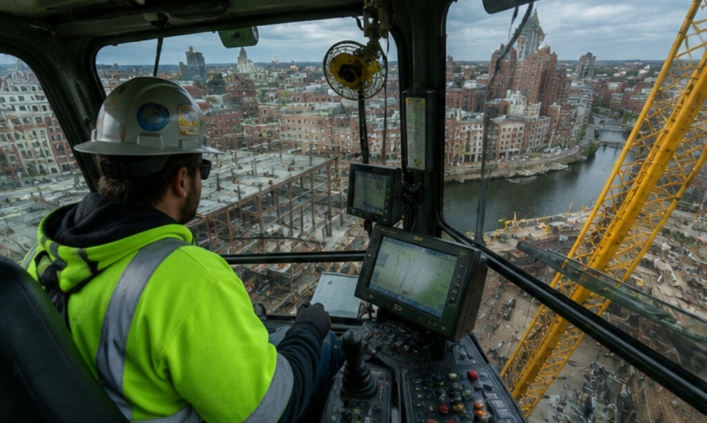 An operator wearing a hard hat sits in a crane cab overlooking a river and city construction site in Providence Rhode Island