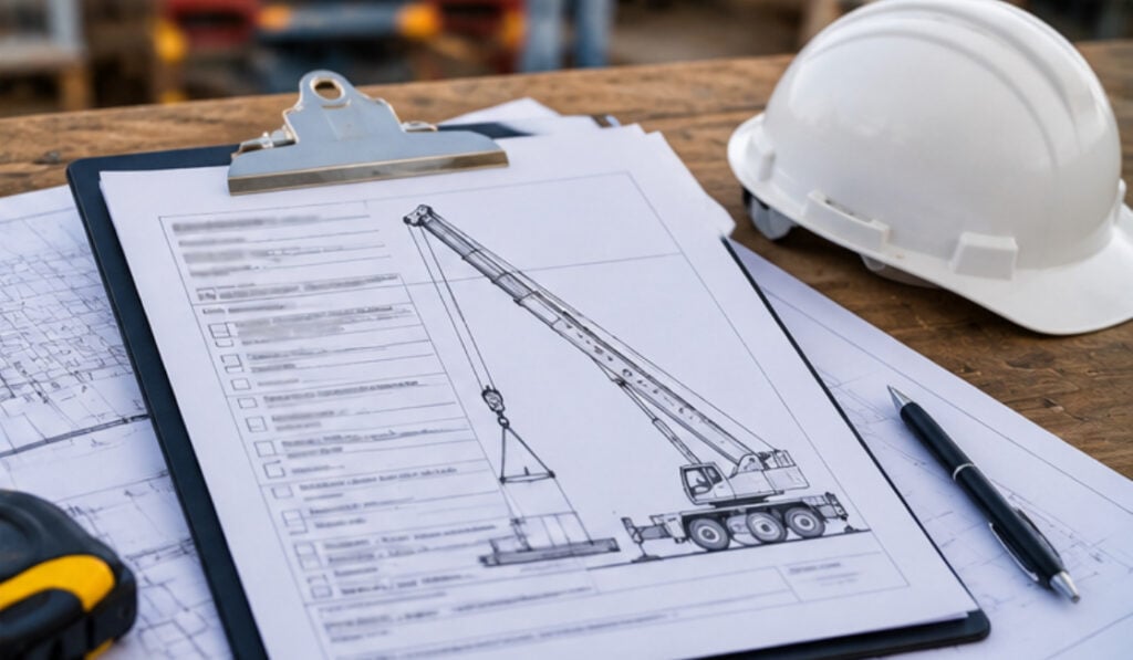 A clipboard with a crane sketch and checklist sits next to a safety hard hat and pen for planning a crane rental in Rhode Island